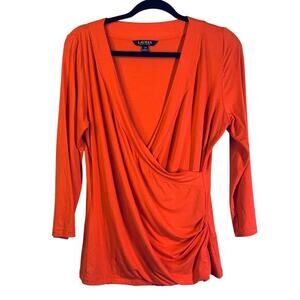 LAUREN RALPH LAUREN Blouse Large Faux Wrap Draped 3/4 Sleeve‎ RLL Embroidered